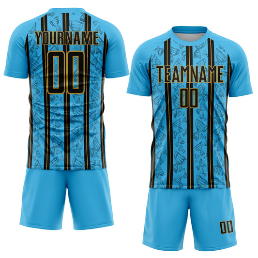 Custom Sky Blue Black-Old Gold Stripe Line Sublimation Soccer Uniform Jersey - Sky-Custom