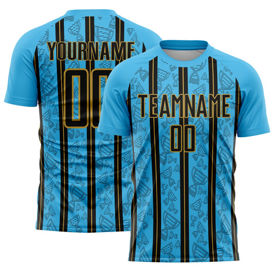Custom Sky Blue Black-Old Gold Stripe Line Sublimation Soccer Uniform Jersey - Sky-Custom