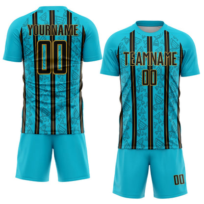 Custom Lakes Blue Black-Old Gold Stripe Line Sublimation Soccer Uniform Jersey - Sky-Custom