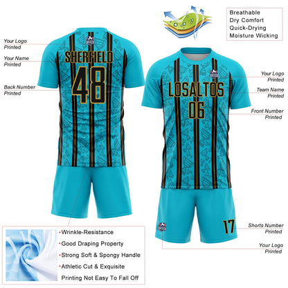 Custom Lakes Blue Black-Old Gold Stripe Line Sublimation Soccer Uniform Jersey - Sky-Custom