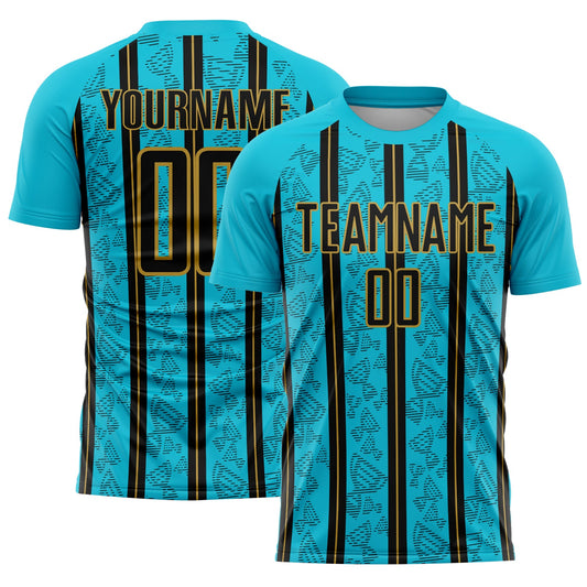 Custom Lakes Blue Black-Old Gold Stripe Line Sublimation Soccer Uniform Jersey - Sky-Custom