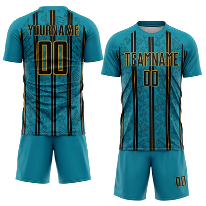 Custom Teal Black-Old Gold Stripe Line Sublimation Soccer Uniform Jersey - Sky-Custom