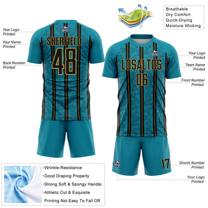Custom Teal Black-Old Gold Stripe Line Sublimation Soccer Uniform Jersey - Sky-Custom