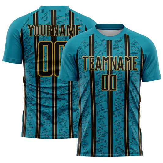 Custom Teal Black-Old Gold Stripe Line Sublimation Soccer Uniform Jersey - Sky-Custom