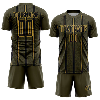 Custom Olive Black-Old Gold Stripe Line Sublimation Salute To Service Soccer Uniform Jersey - Sky-Custom
