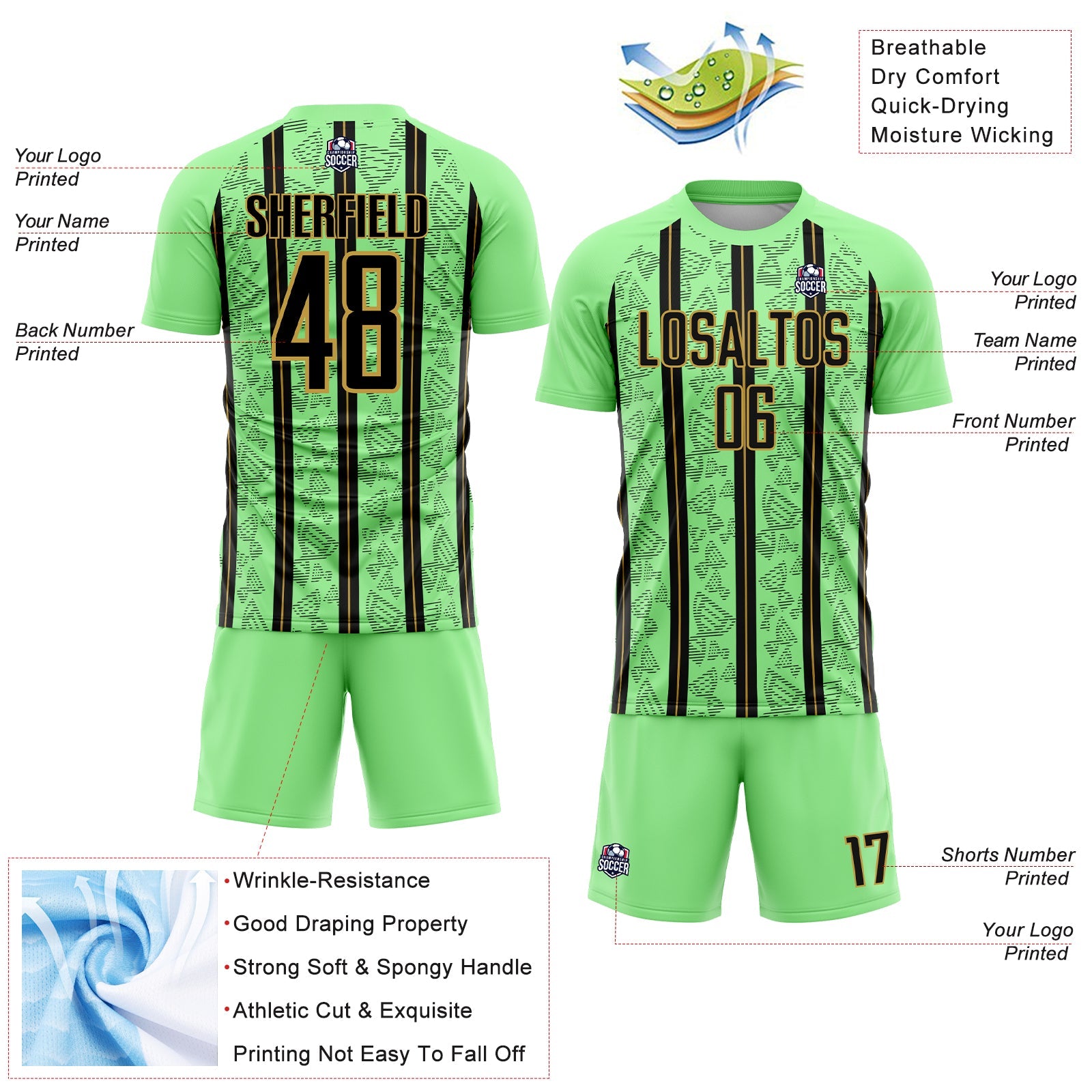 Custom Pea Green Black-Old Gold Stripe Line Sublimation Soccer Uniform Jersey - Sky-Custom