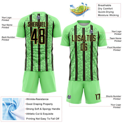 Custom Pea Green Black-Old Gold Stripe Line Sublimation Soccer Uniform Jersey - Sky-Custom
