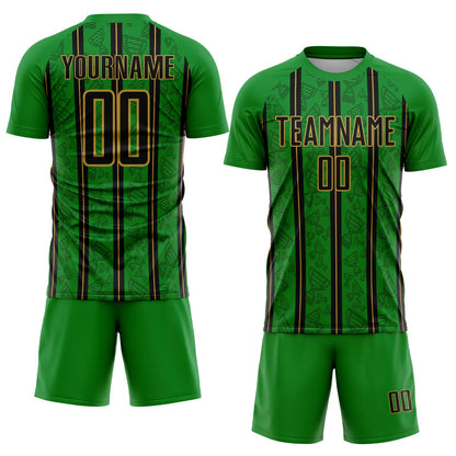 Custom Grass Green Black-Old Gold Stripe Line Sublimation Soccer Uniform Jersey - Sky-Custom
