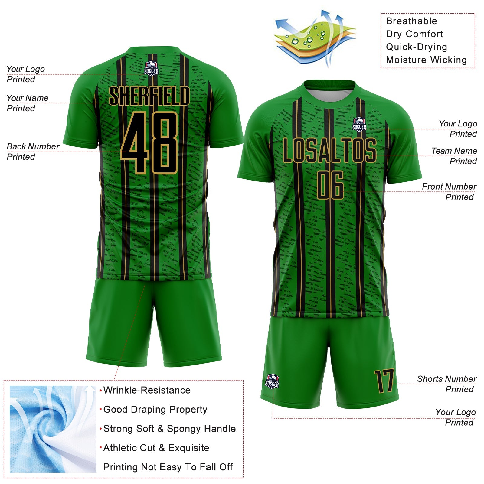 Custom Grass Green Black-Old Gold Stripe Line Sublimation Soccer Uniform Jersey - Sky-Custom