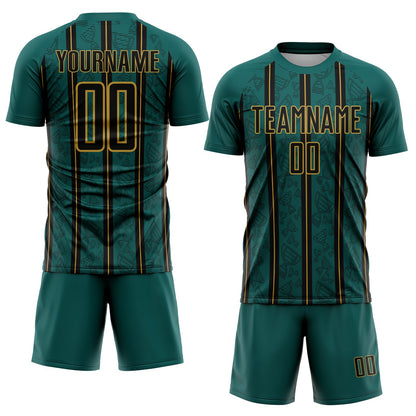 Custom Midnight Green Black-Old Gold Stripe Line Sublimation Soccer Uniform Jersey - Sky-Custom