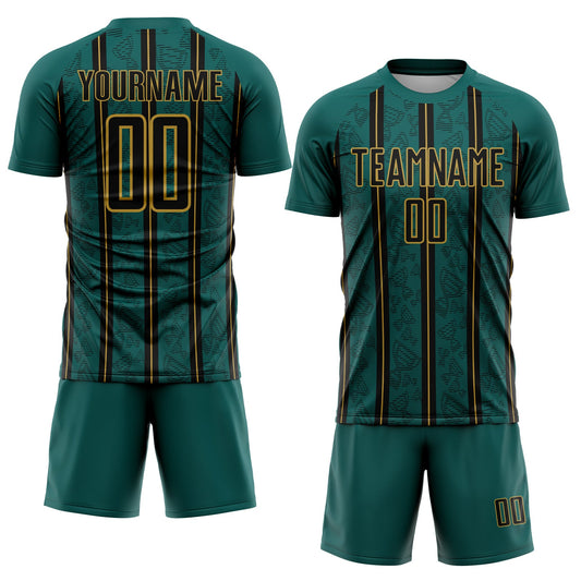 Custom Midnight Green Black-Old Gold Stripe Line Sublimation Soccer Uniform Jersey - Sky-Custom