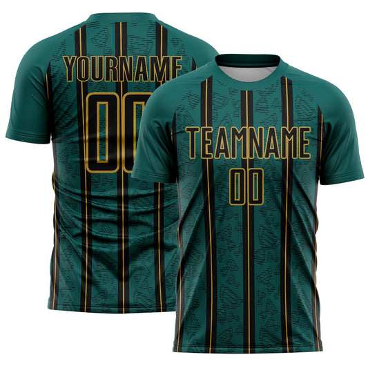 Custom Midnight Green Black-Old Gold Stripe Line Sublimation Soccer Uniform Jersey - Sky-Custom