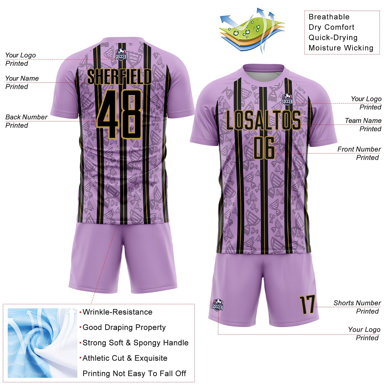 Custom Light Purple Black-Old Gold Stripe Line Sublimation Soccer Uniform Jersey - Sky-Custom