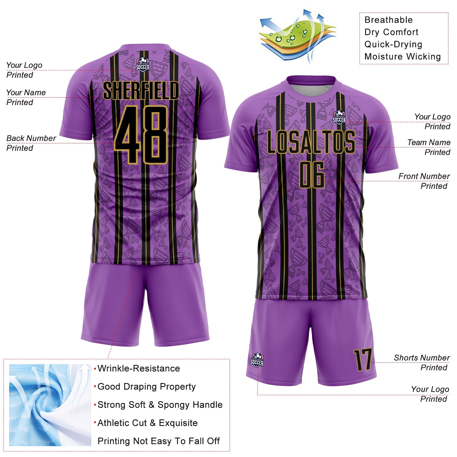 Custom Medium Purple Black-Old Gold Stripe Line Sublimation Soccer Uniform Jersey - Sky-Custom