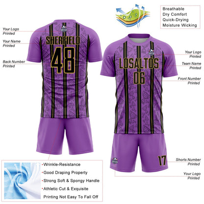 Custom Medium Purple Black-Old Gold Stripe Line Sublimation Soccer Uniform Jersey - Sky-Custom
