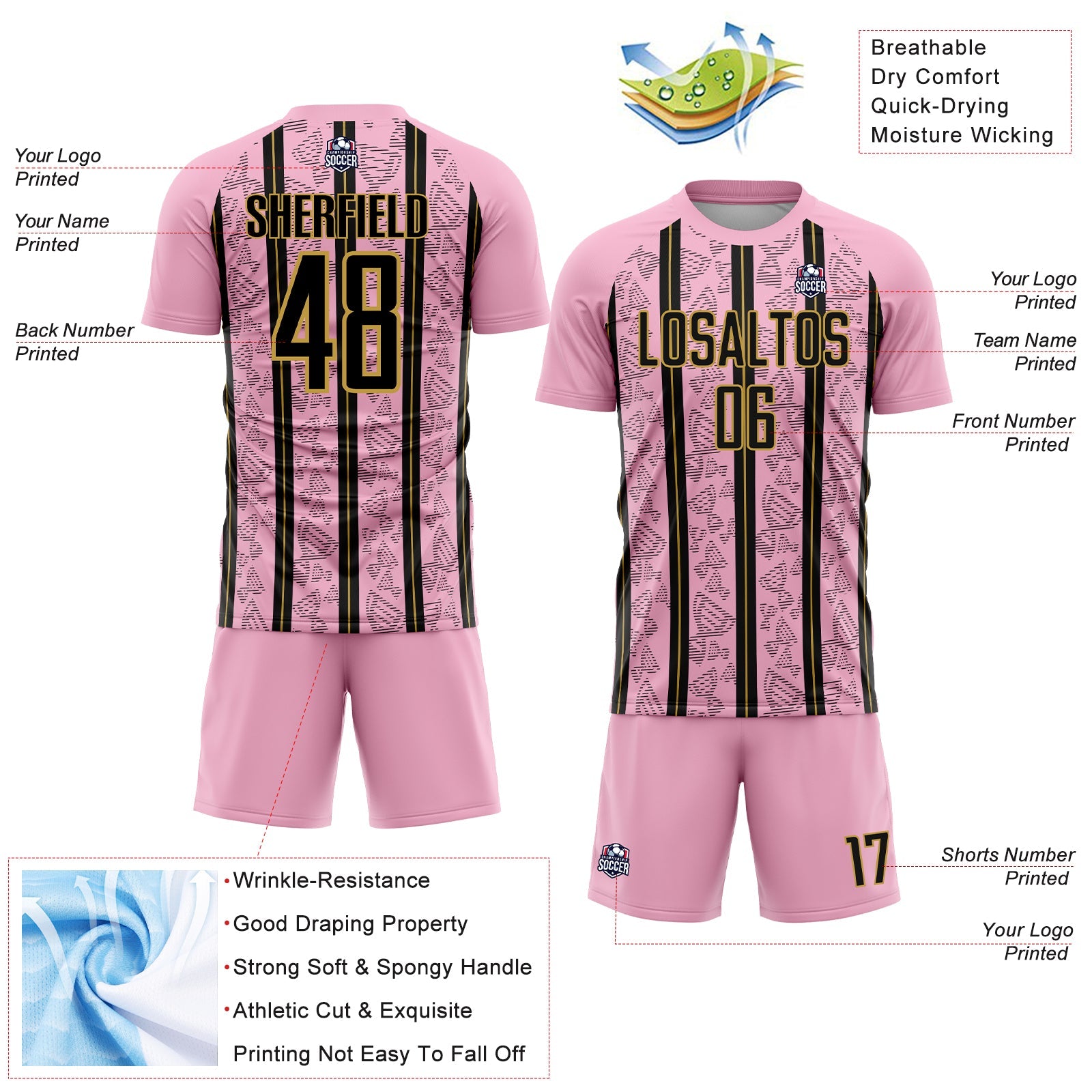 Custom Light Pink Black-Old Gold Stripe Line Sublimation Soccer Uniform Jersey - Sky-Custom
