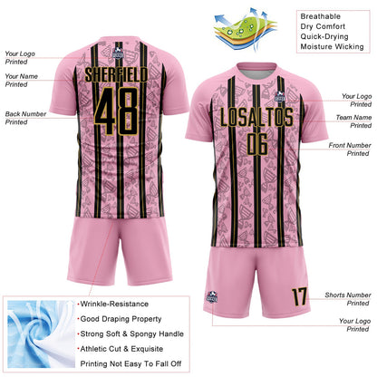 Custom Light Pink Black-Old Gold Stripe Line Sublimation Soccer Uniform Jersey - Sky-Custom