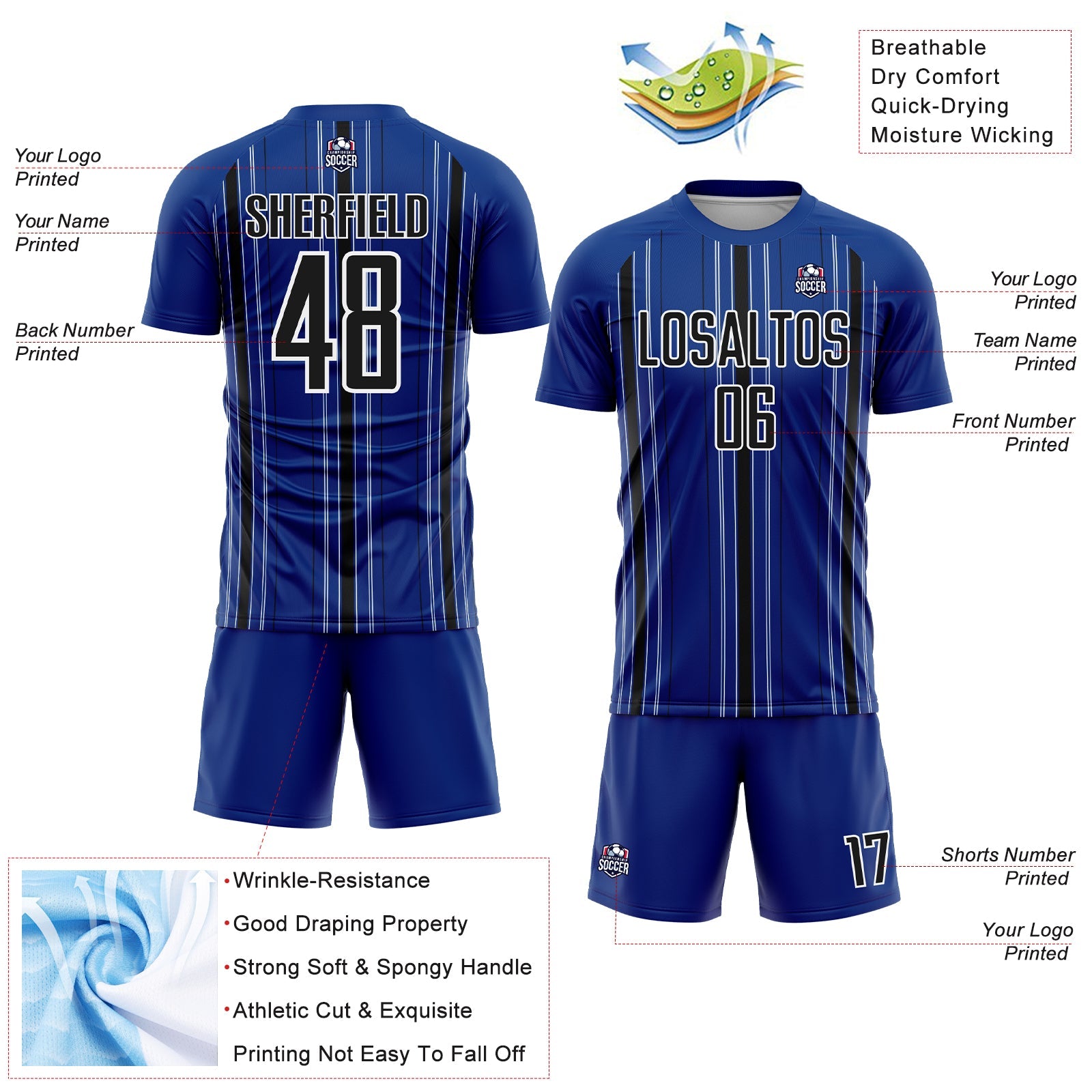 Custom Royal Black-White Stripe Sublimation Soccer Uniform Jersey - Sky-Custom