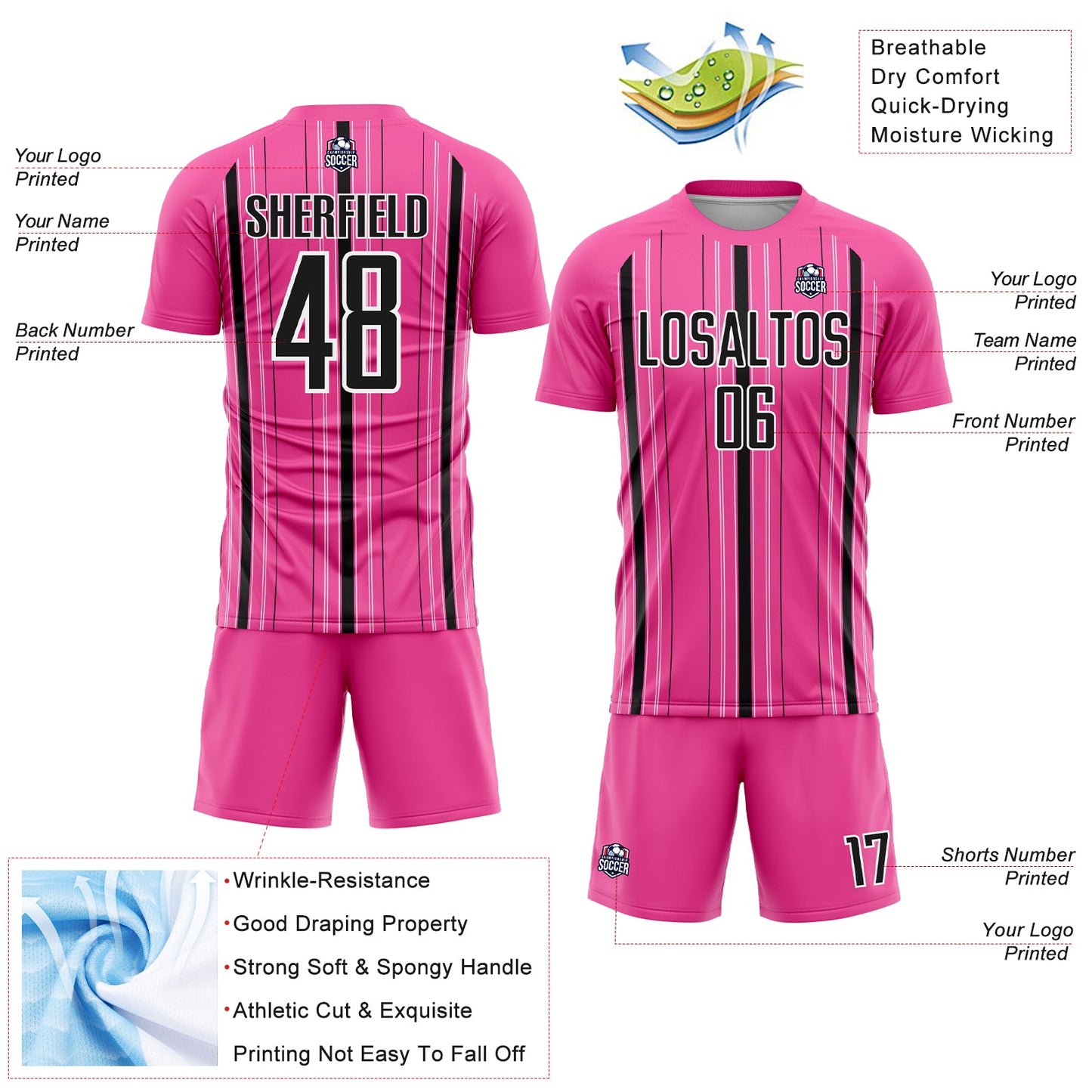 Custom Pink Black-White Stripe Sublimation Soccer Uniform Jersey - Sky-Custom