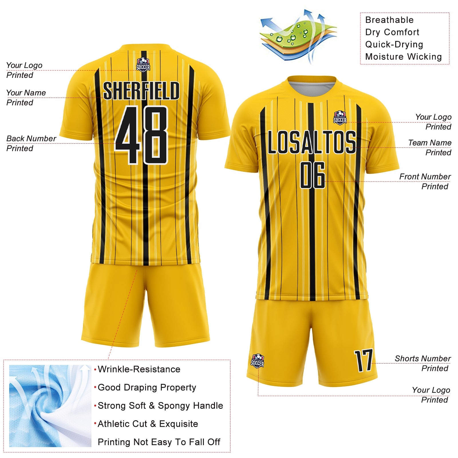 Custom Yellow Black-White Stripe Sublimation Soccer Uniform Jersey - Sky-Custom