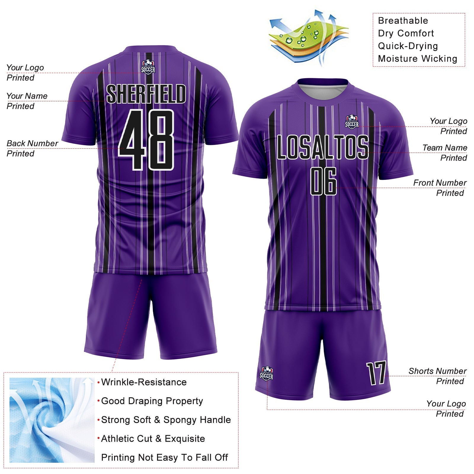 Custom Purple Black-White Stripe Sublimation Soccer Uniform Jersey - Sky-Custom