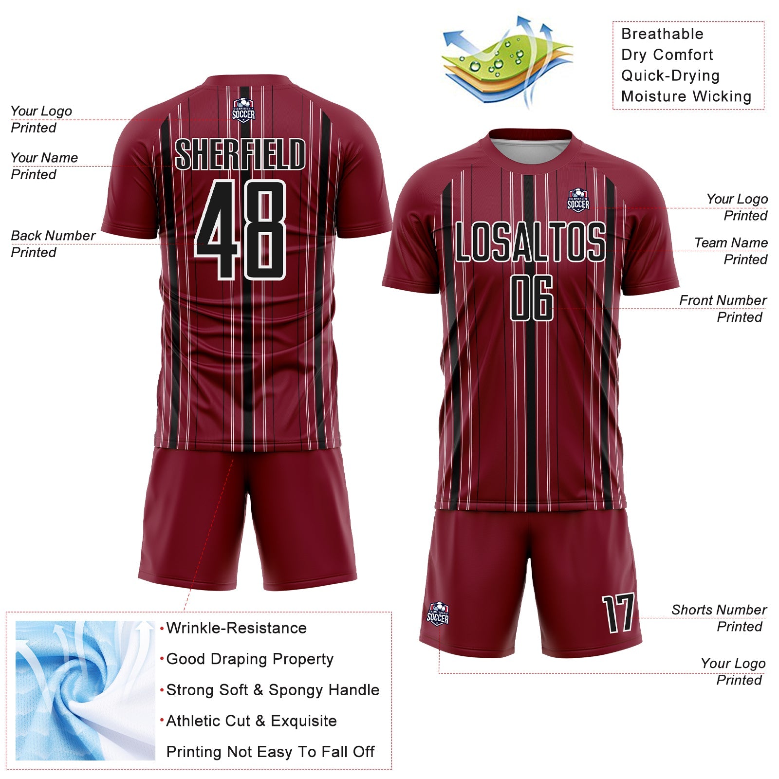 Custom Maroon Black-White Stripe Sublimation Soccer Uniform Jersey - Sky-Custom