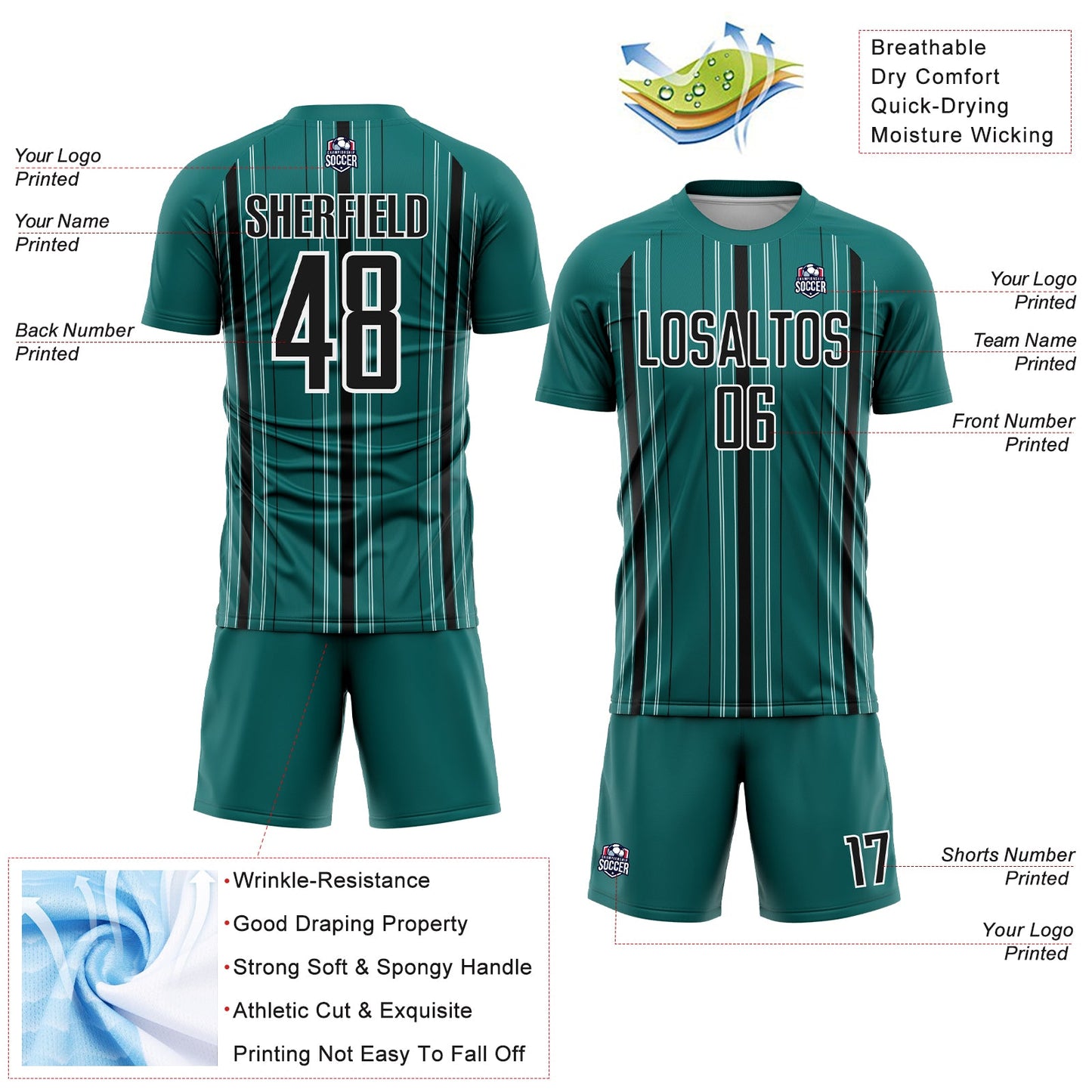 Custom Teal Black-White Stripe Sublimation Soccer Uniform Jersey - Sky-Custom