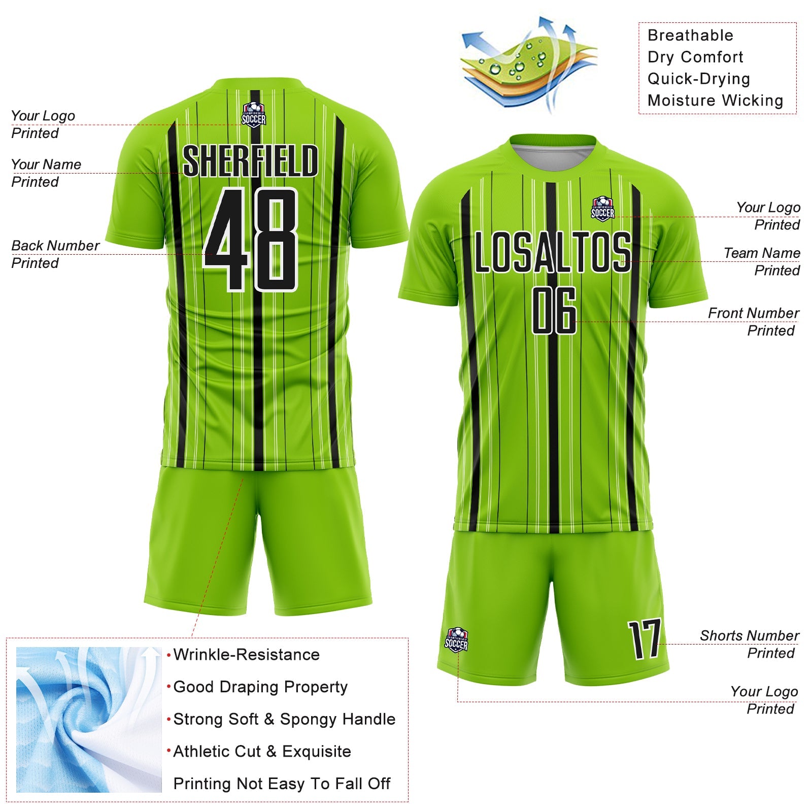 Custom Neon Green Black-White Stripe Sublimation Soccer Uniform Jersey - Sky-Custom
