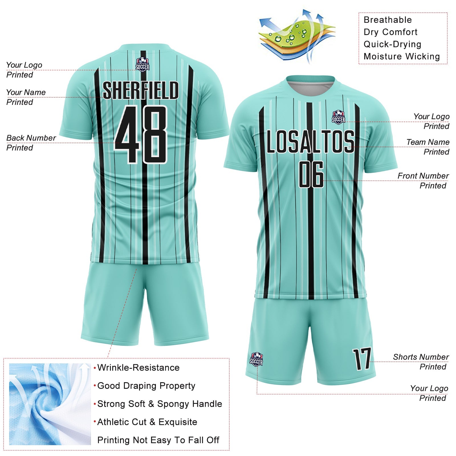Custom Ice Blue Black-White Stripe Sublimation Soccer Uniform Jersey - Sky-Custom