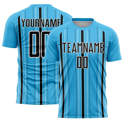 Custom Sky Blue Black-White Stripe Sublimation Soccer Uniform Jersey - Sky-Custom