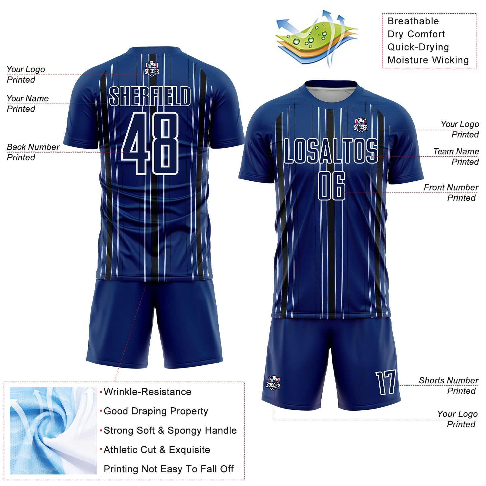 Custom Navy Black-White Stripe Sublimation Soccer Uniform Jersey - Sky-Custom