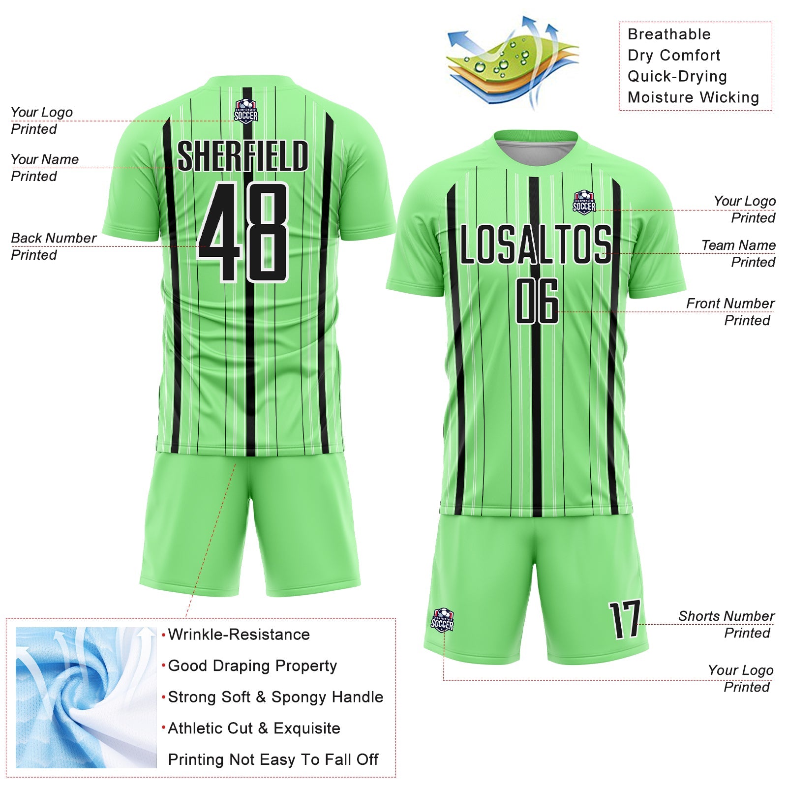 Custom Pea Green Black-White Stripe Sublimation Soccer Uniform Jersey - Sky-Custom