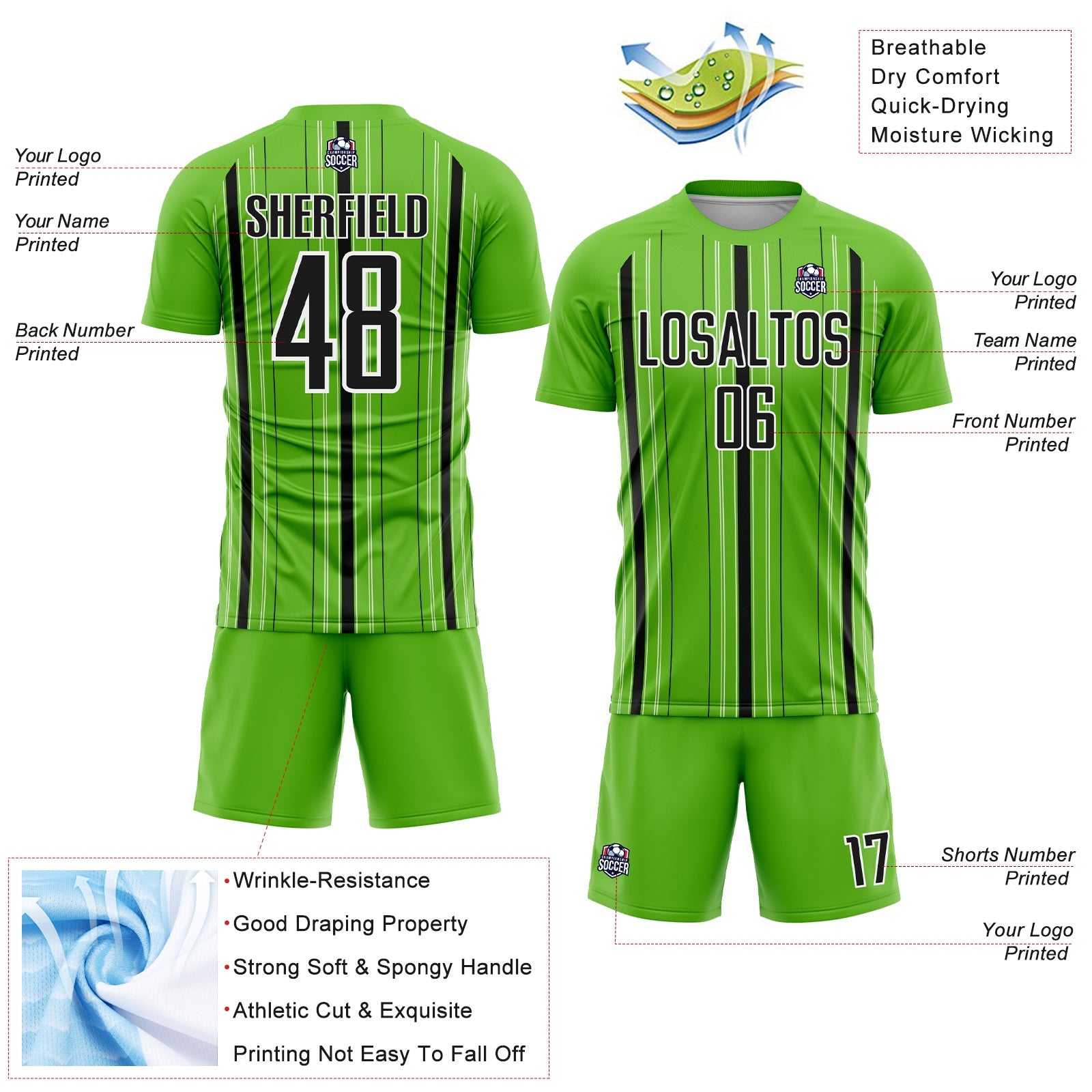Custom Aurora Green Black-White Stripe Sublimation Soccer Uniform Jersey - Sky-Custom