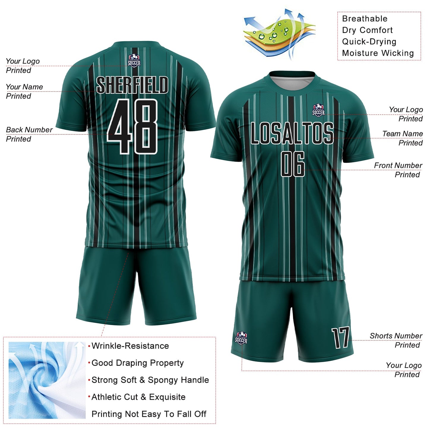 Custom Midnight Green Black-White Stripe Sublimation Soccer Uniform Jersey - Sky-Custom