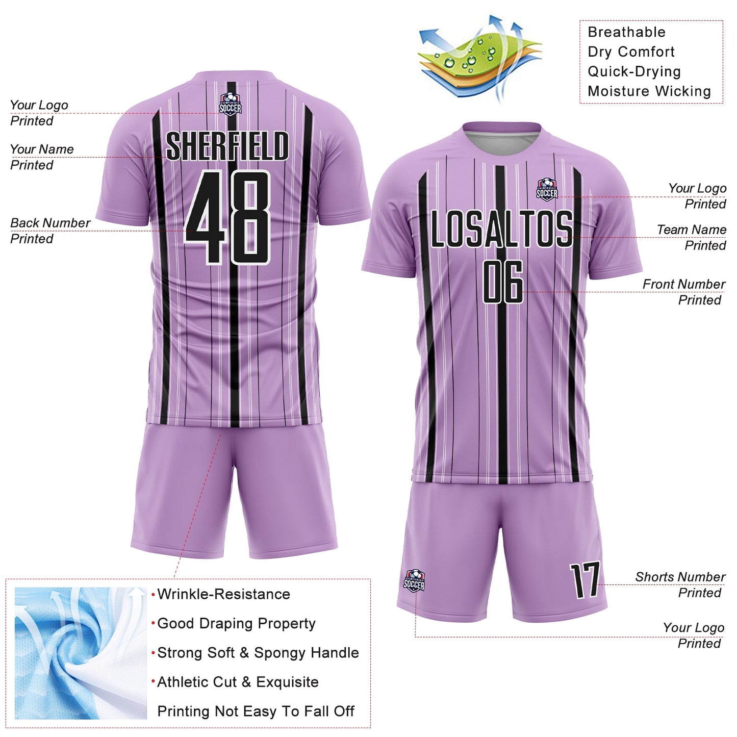 Custom Light Purple Black-White Stripe Sublimation Soccer Uniform Jersey - Sky-Custom