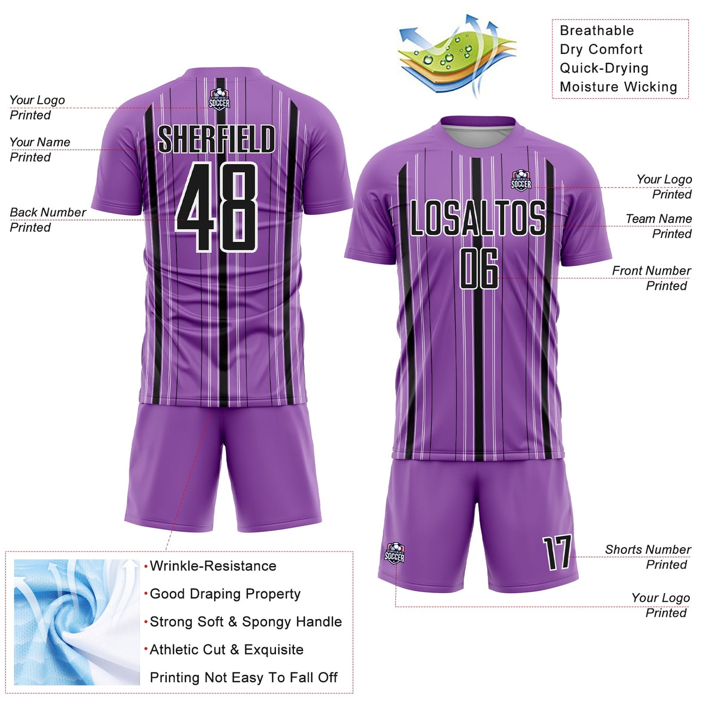 Custom Medium Purple Black-White Stripe Sublimation Soccer Uniform Jersey - Sky-Custom
