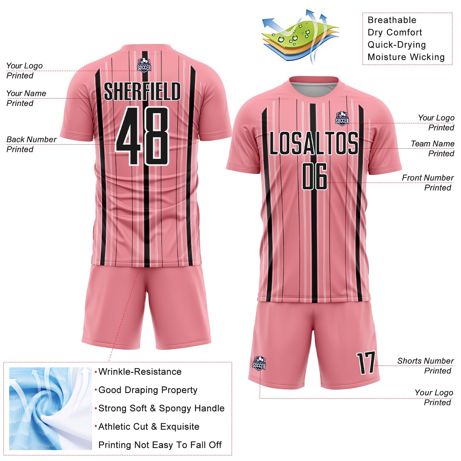Custom Medium Pink Black-White Stripe Sublimation Soccer Uniform Jersey - Sky-Custom