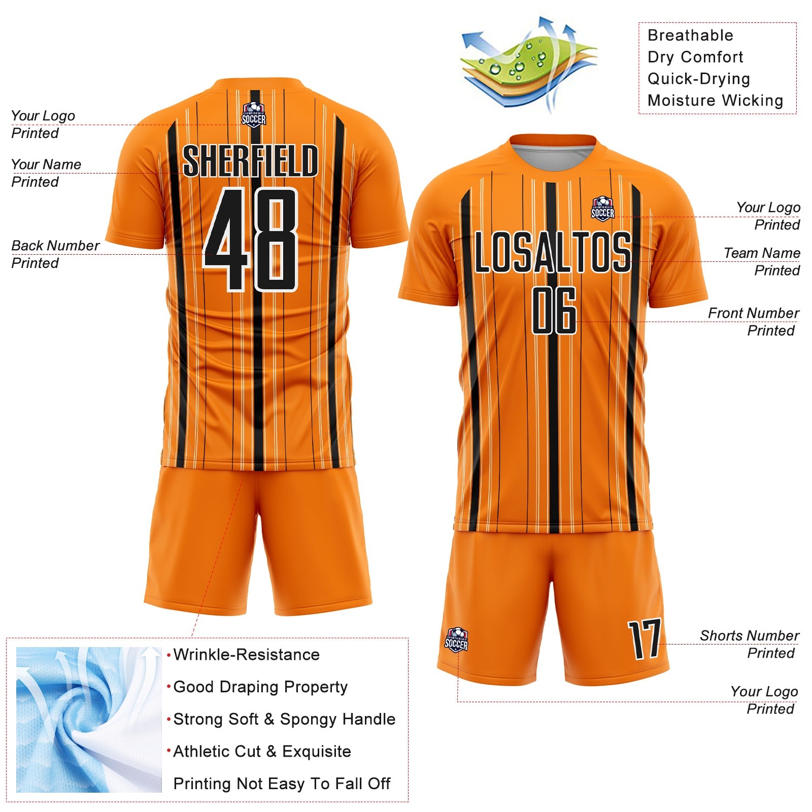 Custom Bay Orange Black-White Stripe Sublimation Soccer Uniform Jersey - Sky-Custom