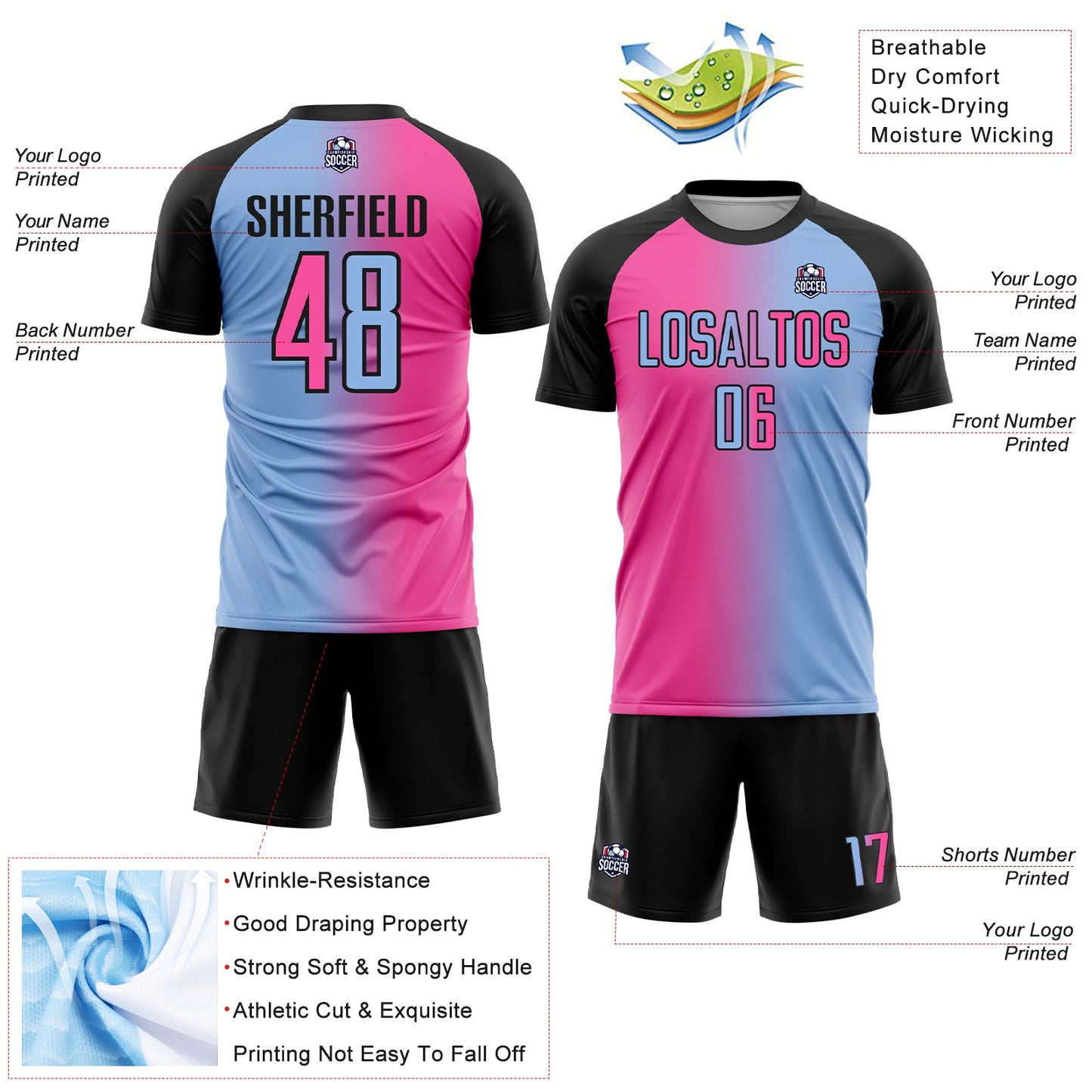 Custom Light Blue Pink-Black Sublimation Gradient Fashion Soccer Uniform Jersey - Sky-Custom
