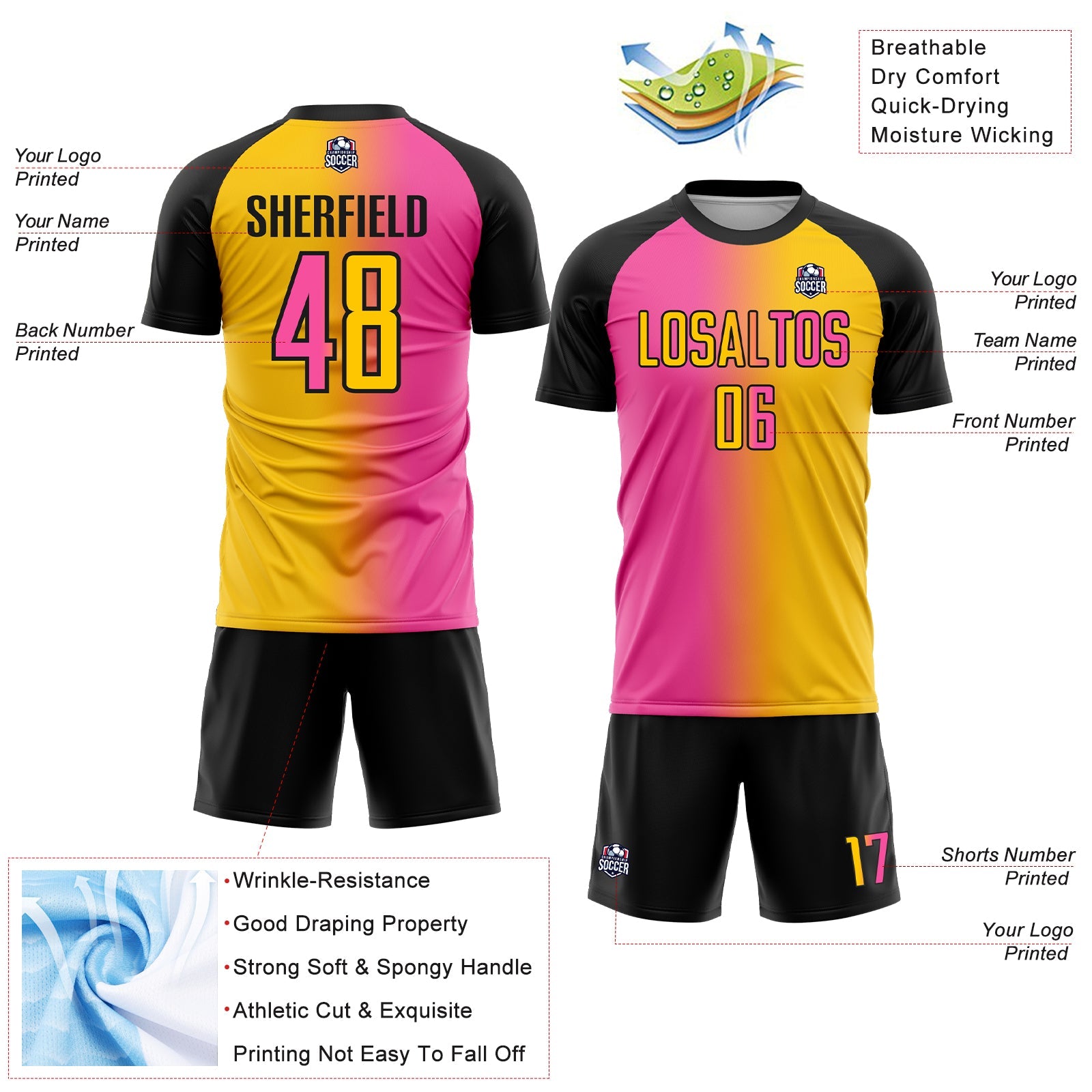 Custom Yellow Pink-Black Sublimation Gradient Fashion Soccer Uniform Jersey - Sky-Custom
