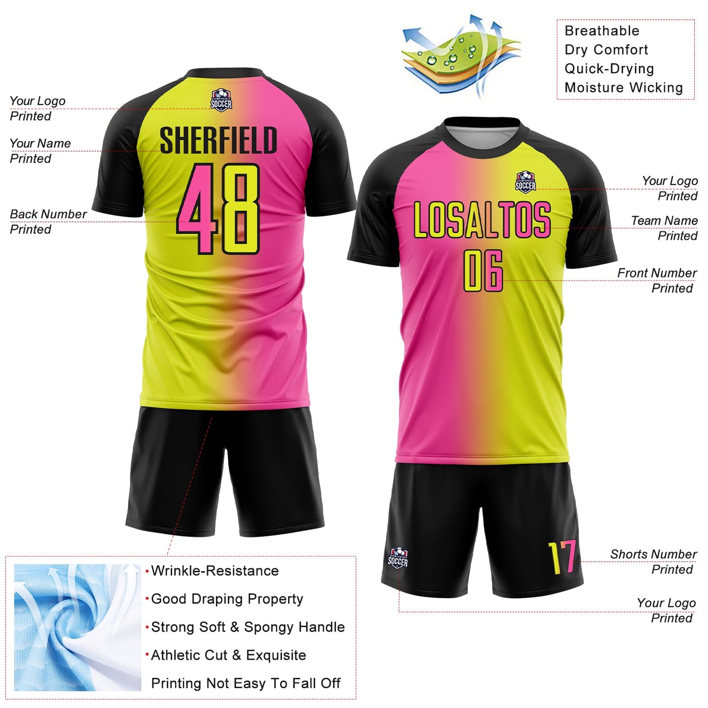 Custom Neon Yellow Pink-Black Sublimation Gradient Fashion Soccer Uniform Jersey - Sky-Custom