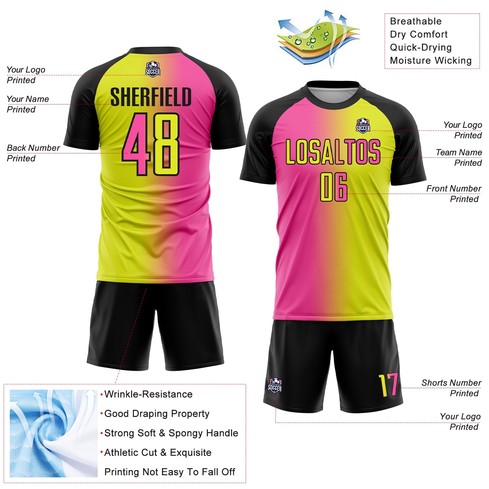 Custom Neon Yellow Pink-Black Sublimation Gradient Fashion Soccer Uniform Jersey - Sky-Custom