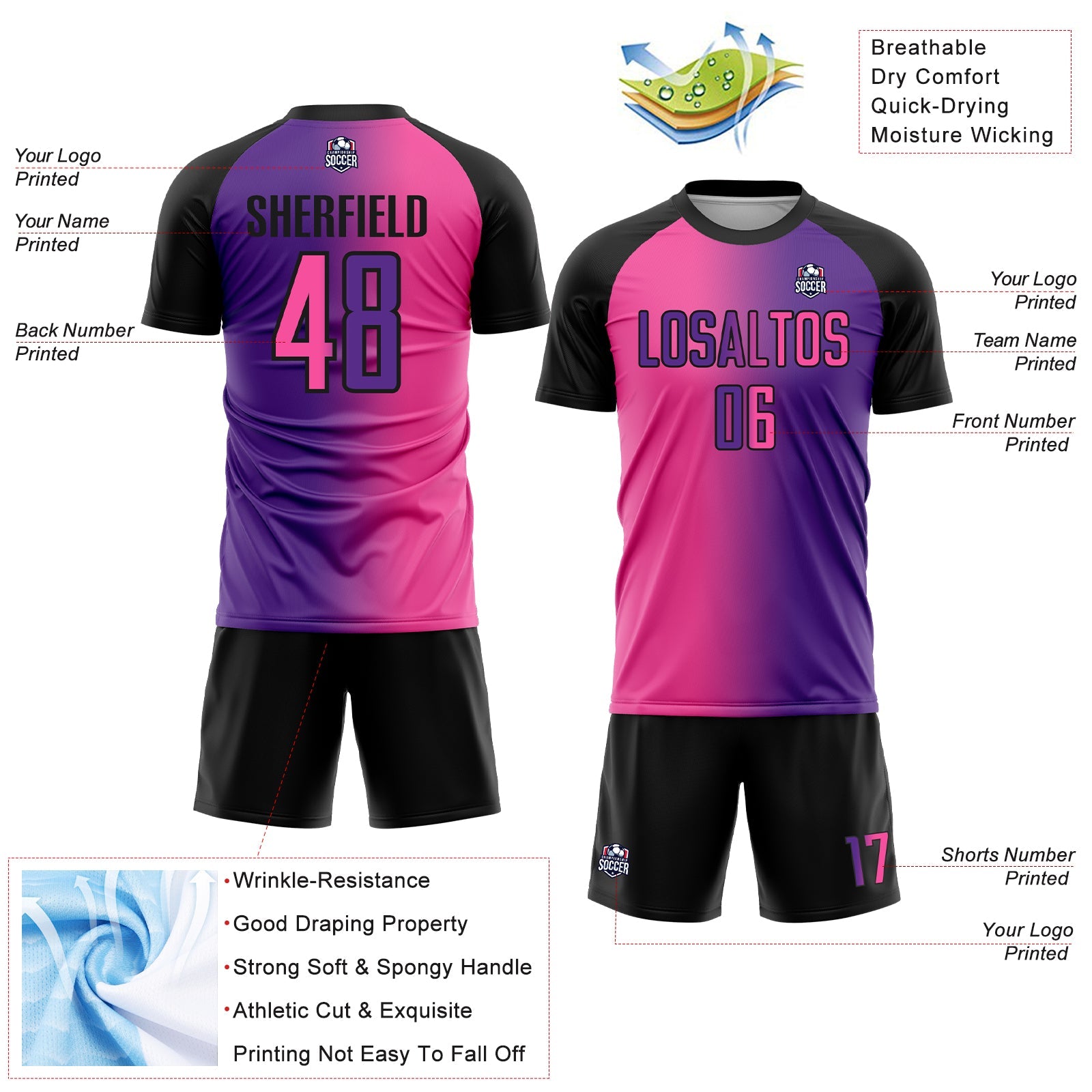 Custom Purple Pink-Black Sublimation Gradient Fashion Soccer Uniform Jersey - Sky-Custom