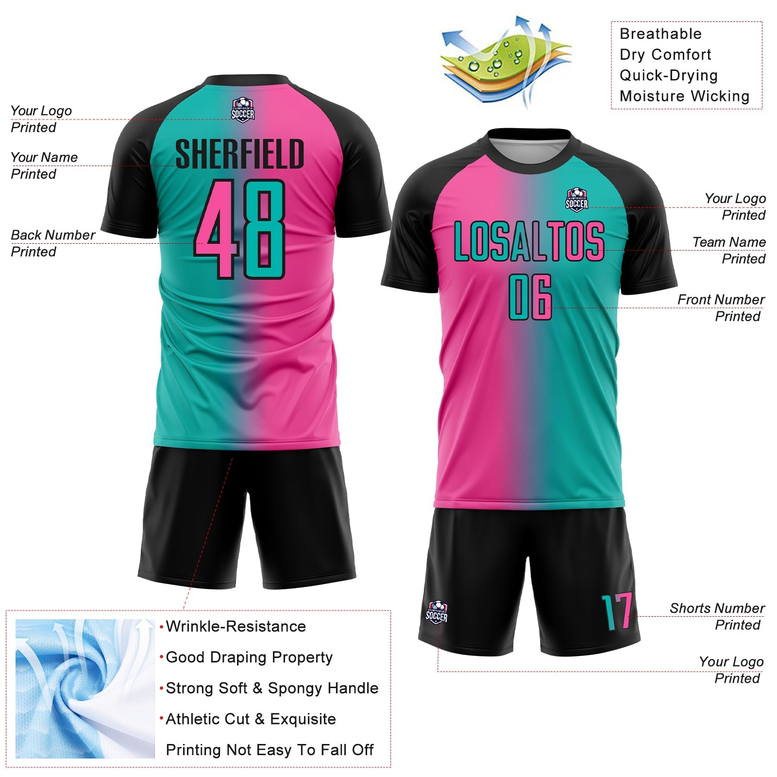 Custom Aqua Pink-Black Sublimation Gradient Fashion Soccer Uniform Jersey - Sky-Custom