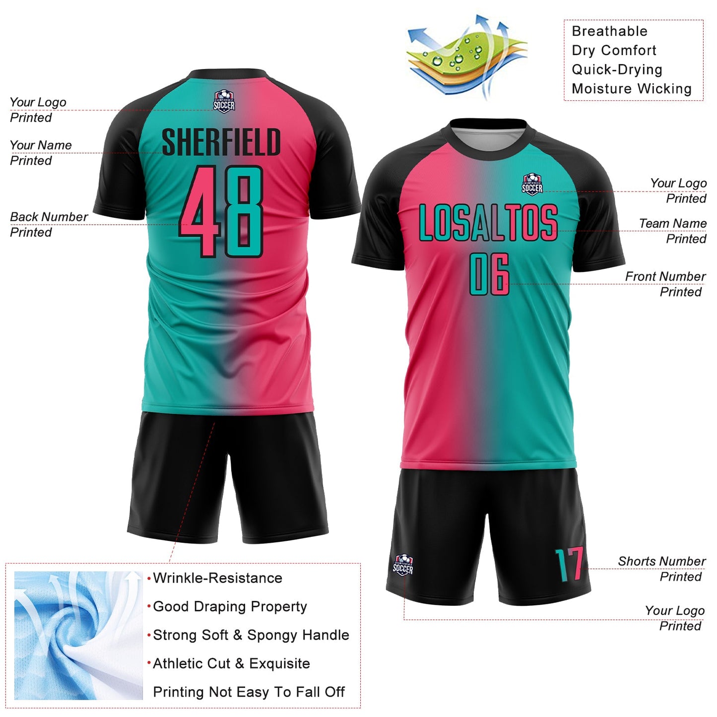 Custom Aqua Neon Pink-Black Sublimation Gradient Fashion Soccer Uniform Jersey - Sky-Custom