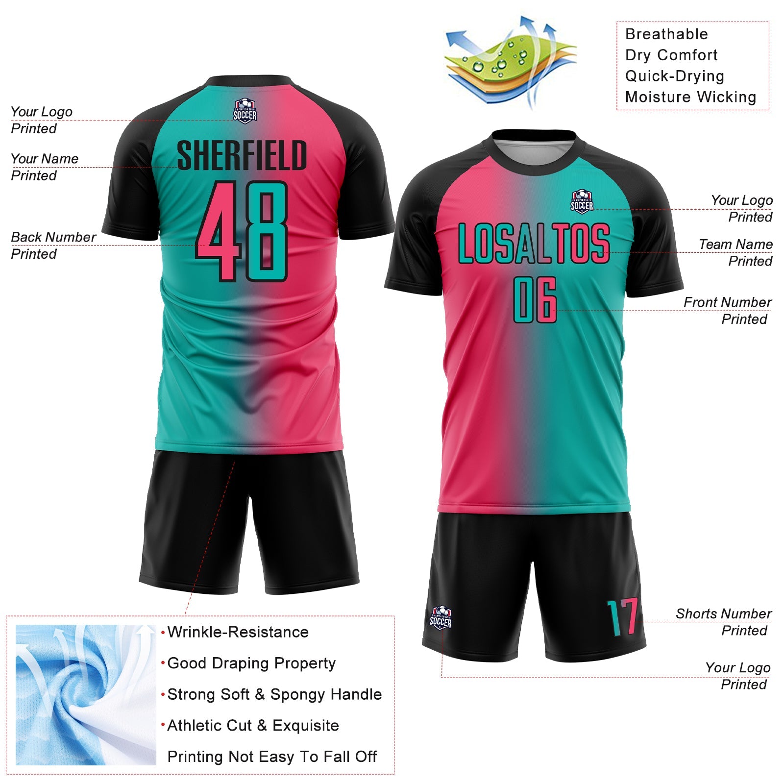 Custom Aqua Neon Pink-Black Sublimation Gradient Fashion Soccer Uniform Jersey - Sky-Custom