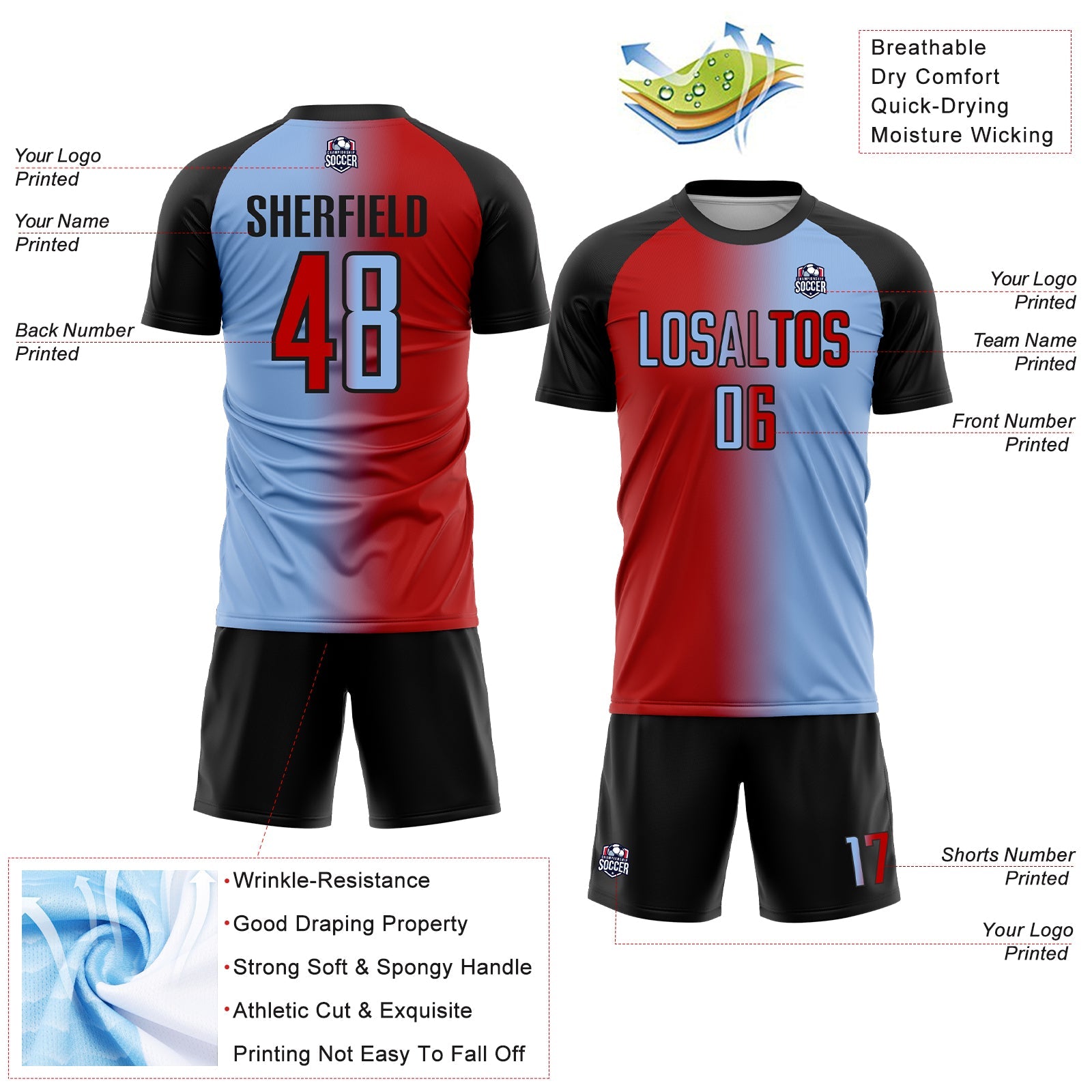 Custom Light Blue Red-Black Sublimation Gradient Fashion Soccer Uniform Jersey - Sky-Custom