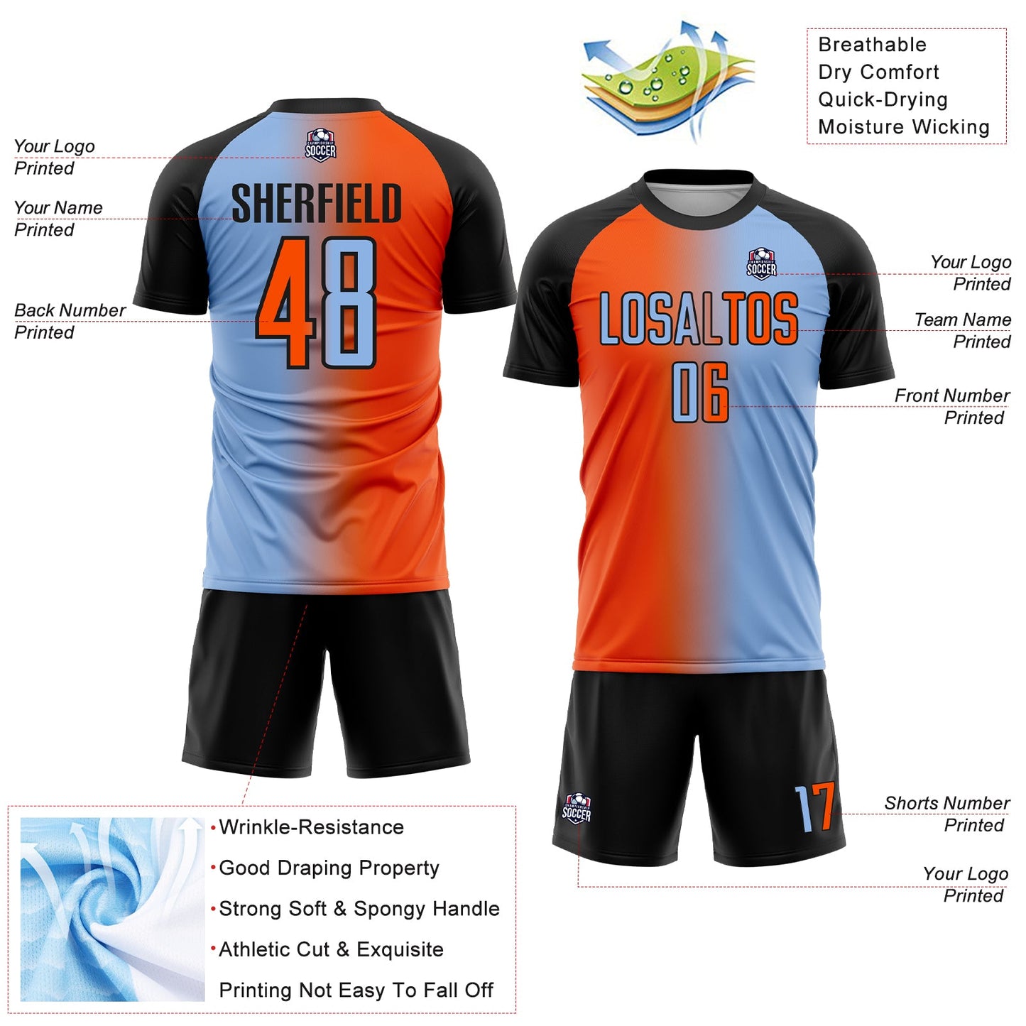Custom Light Blue Orange-Black Sublimation Gradient Fashion Soccer Uniform Jersey - Sky-Custom
