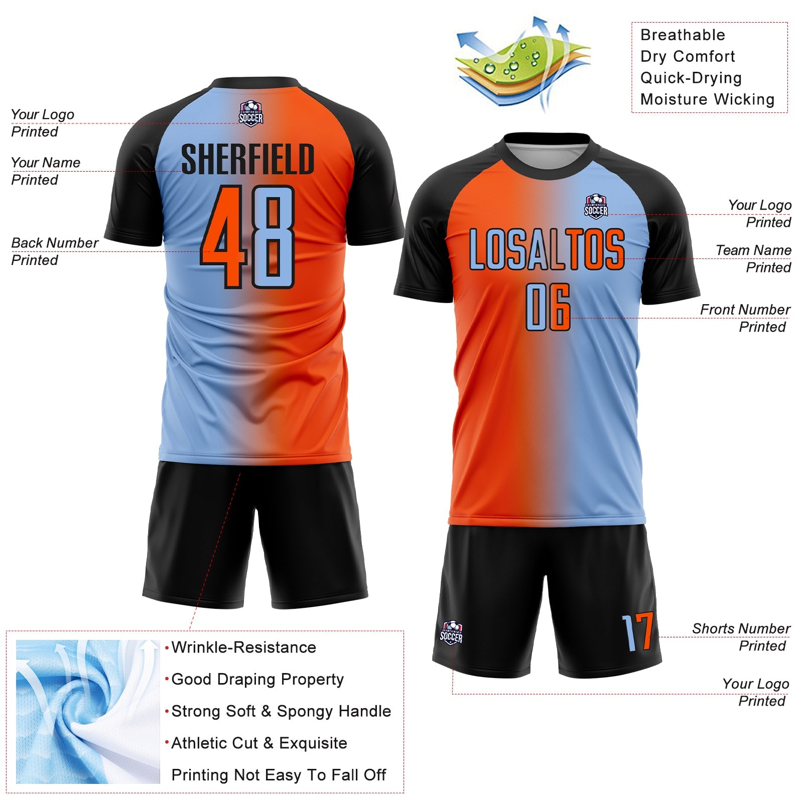 Custom Light Blue Orange-Black Sublimation Gradient Fashion Soccer Uniform Jersey - Sky-Custom