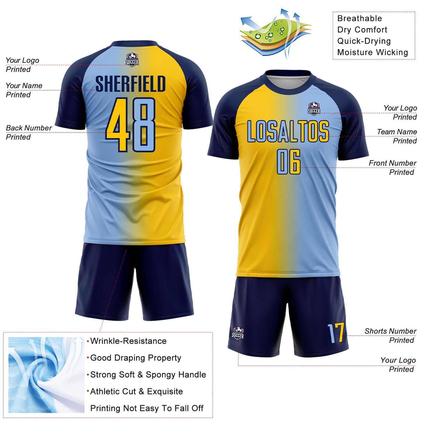 Custom Light Blue Yellow-Navy Sublimation Gradient Fashion Soccer Uniform Jersey - Sky-Custom